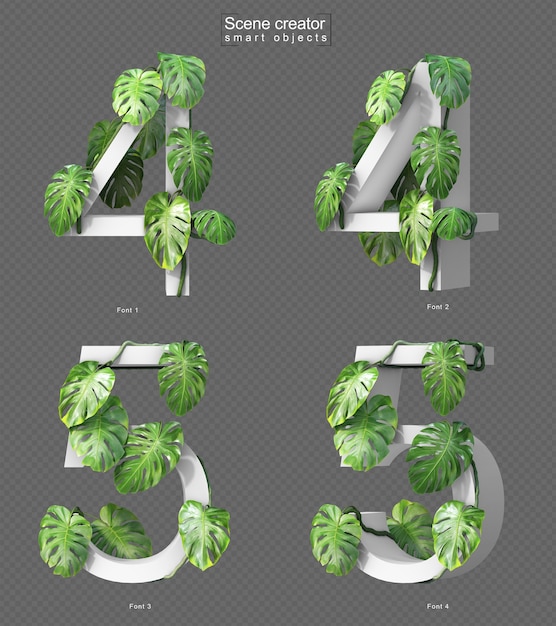Representación 3D de la monstera rastrera en el número 4 y el número 5