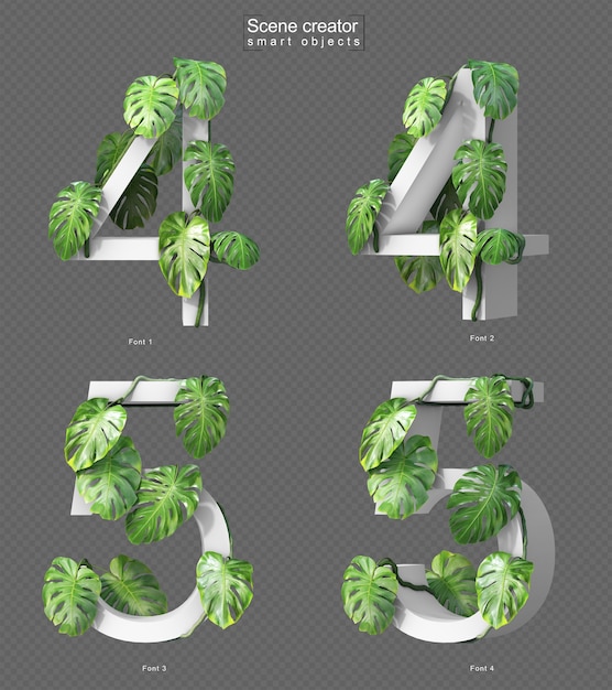 Representación 3d de la monstera rastrera en el número 4 y el número 5