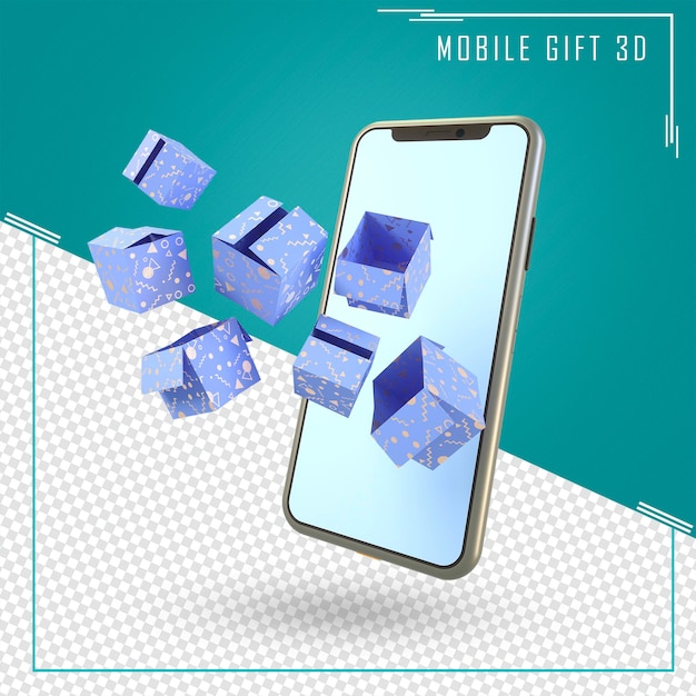 Representación 3D de móvil azul con regalos volando desde la pantalla