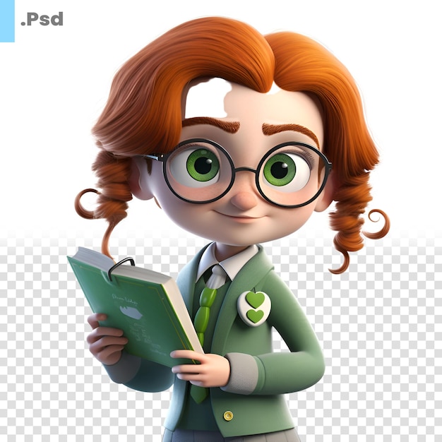 PSD representación 3d de una mujer de negocios de dibujos animados con ojos verdes y plantilla psd de libro verde