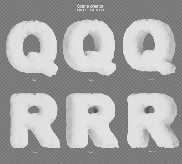 Representación 3D de nieve alfabeto Q y alfabeto R