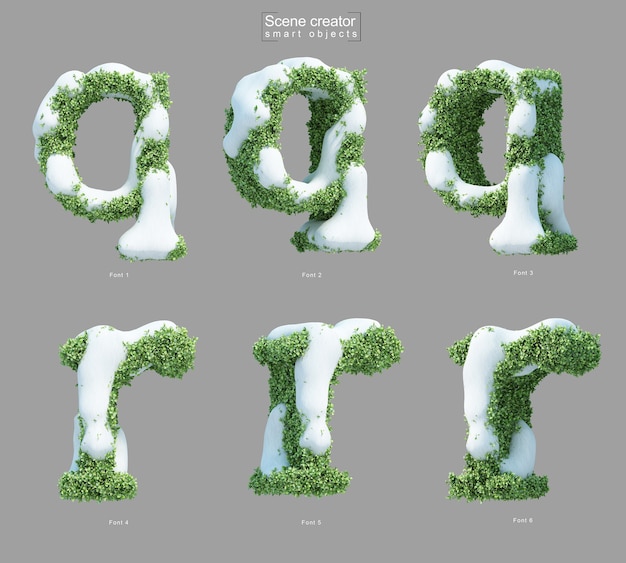 Representación 3d de nieve sobre arbustos en forma de letra q y letra r