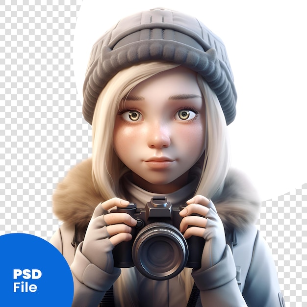 Representación 3d de una niña con una cámara sobre una plantilla psd de fondo blanco