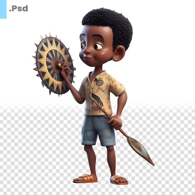 Representación 3d de un niño afroamericano con una plantilla psd de escudo de madera