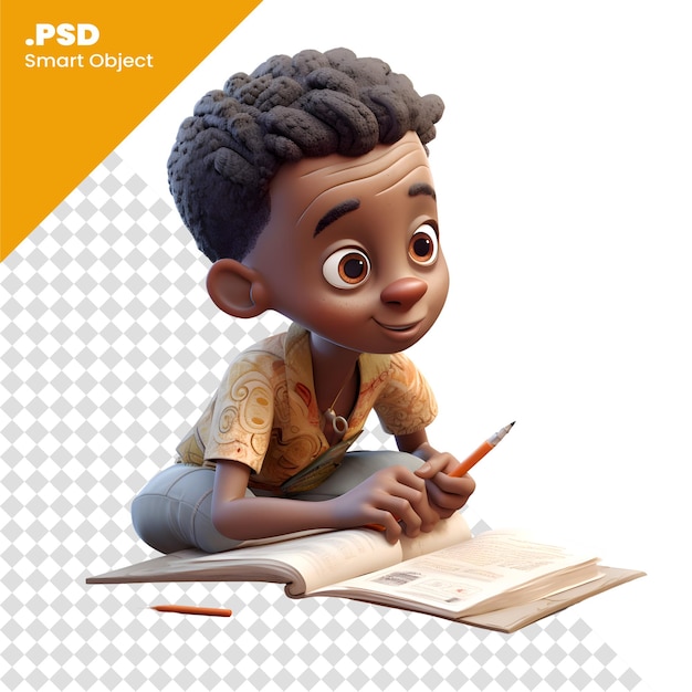 PSD representación 3d de un niño afroamericano con una plantilla psd de libro y lápiz