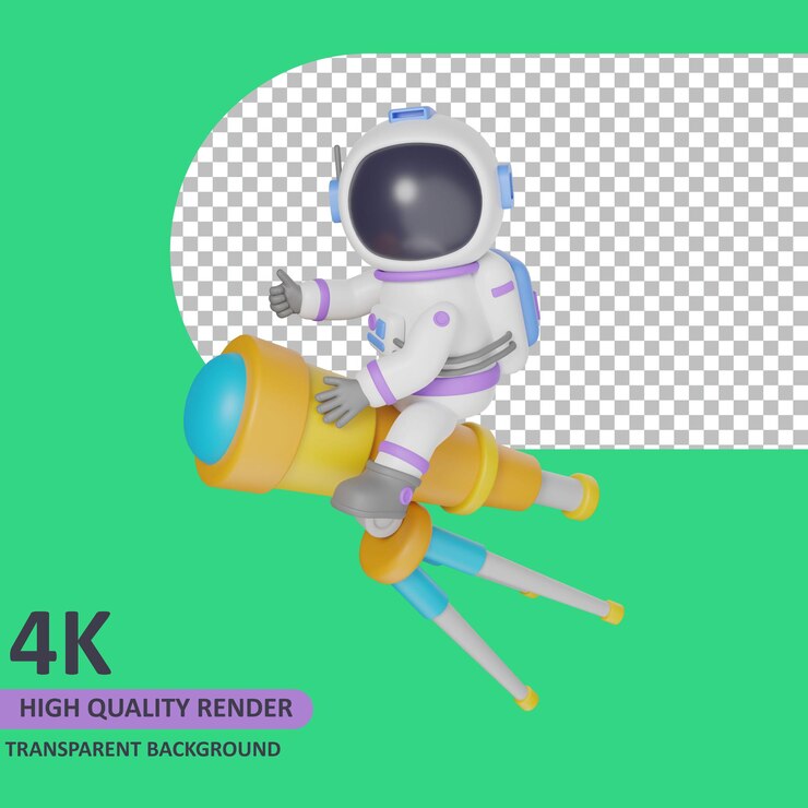 PSD representación 3d de un niño astronauta jugando con un telescopio