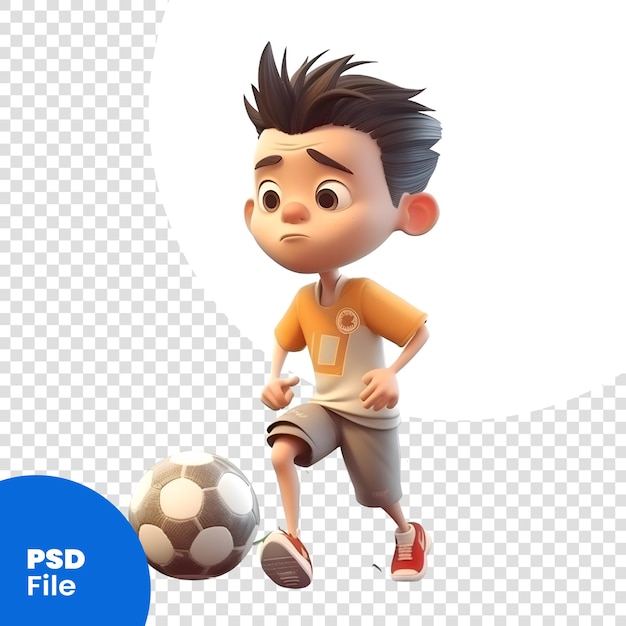 PSD representación 3d de un niño con un balón de fútbol sobre una plantilla psd de fondo blanco