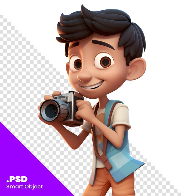 PSD representación 3d de un niño con mochila y cámara sobre fondo blanco plantilla psd