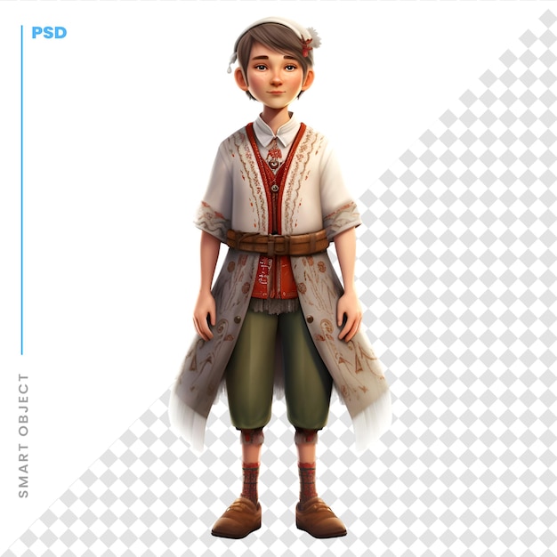 PSD representación 3d de un niño pequeño en un traje folclórico aislado sobre fondo blanco.