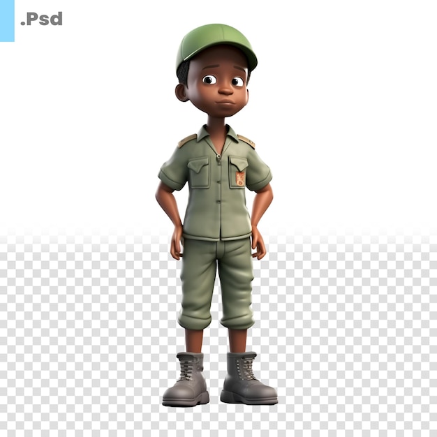 Representación 3d de un niño soldado afroamericano aislado en una plantilla psd de fondo blanco