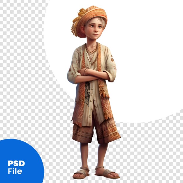 PSD representación 3d de un niño con un sombrero de paja sobre fondo blanco plantilla psd