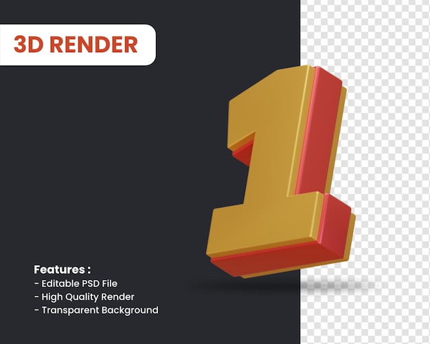 Representación 3d del número 1 con efecto brillante aislado