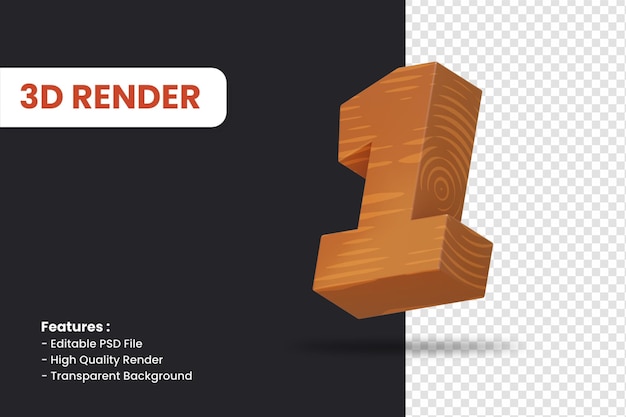 Representación 3D del número 1 con efecto de textura de madera aislado