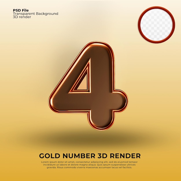 Una representación 3d número 4 de oro con un fondo amarillo