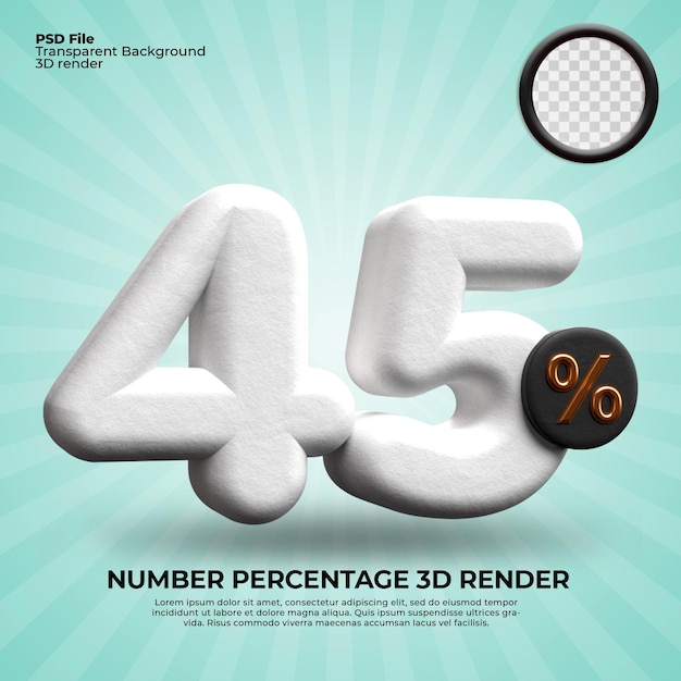 Representación 3D número 45 porcentaje de descuento de progreso color blanco objetivo