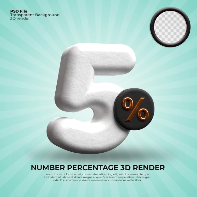 Representación 3D número 5 porcentaje de descuento de progreso color blanco objetivo