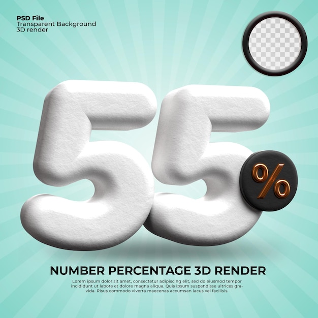 Representación 3D número 55 porcentaje de descuento de progreso color blanco objetivo