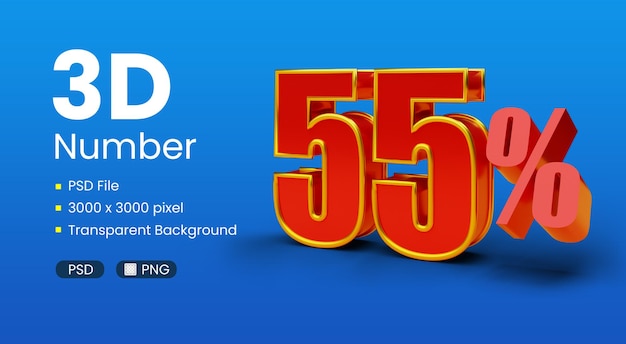 Representación 3d número cincuenta y cinco por ciento con color rojo y dorado