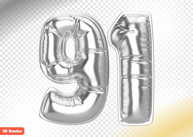 Representación 3D de un número de globo de lámina plateada realista