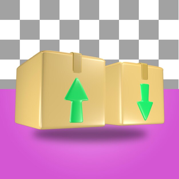 Representación 3d del objeto de icono de caja de paquete de cartón con flecha verde