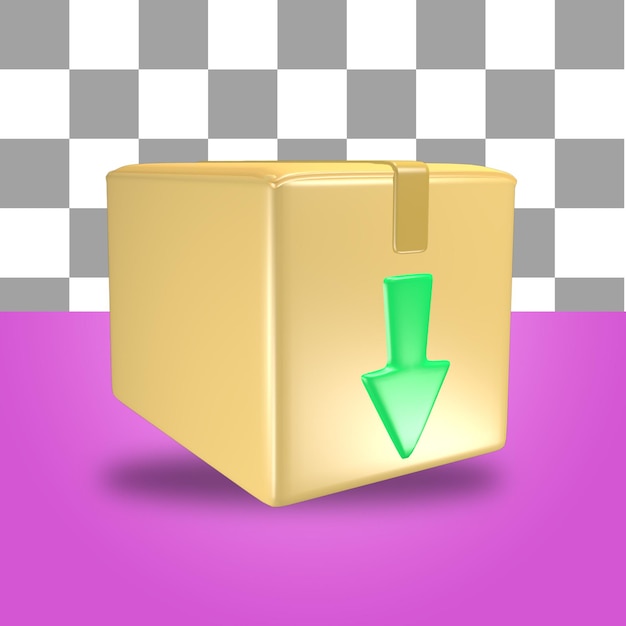 Representación 3d del objeto de icono de caja de paquete de cartón con flecha verde