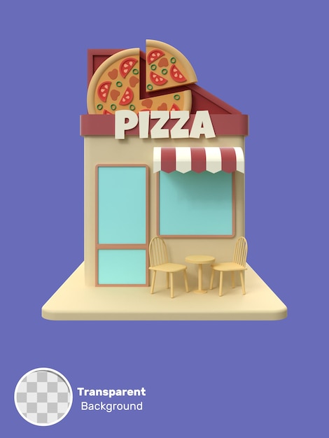 Representación 3d de un objeto de ilustración de edificio de pizzería en un fondo transparente