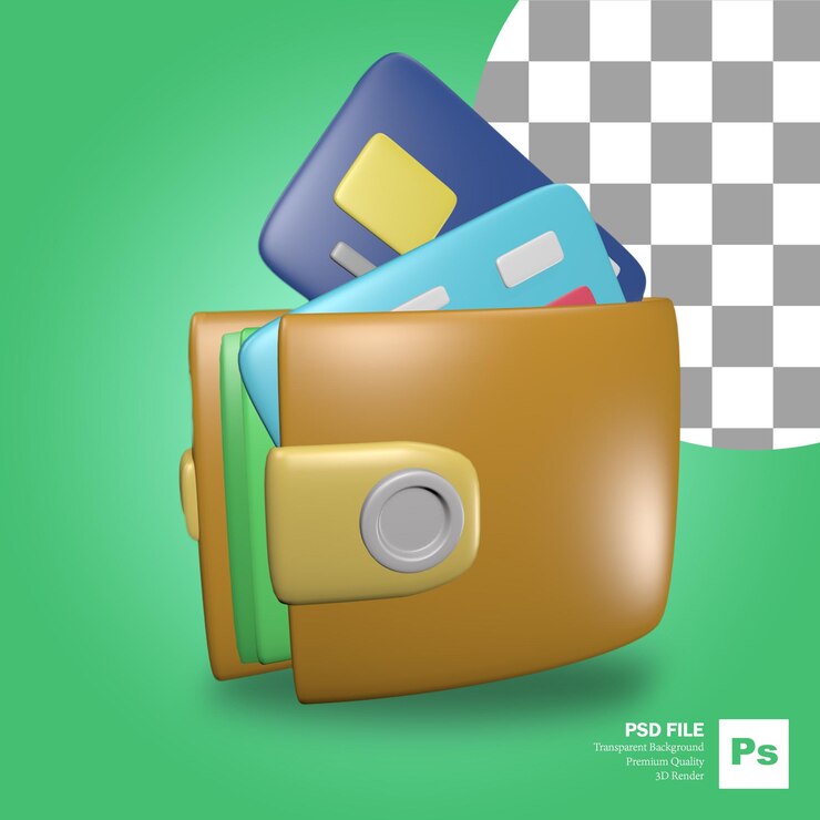 PSD representación 3d de objetos de billetera con varias tarjetas de crédito