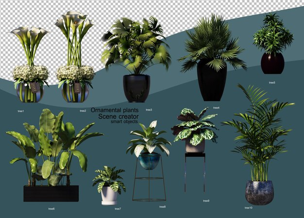 Representación en 3D de ollas de plantas para decoración Variedades de casas