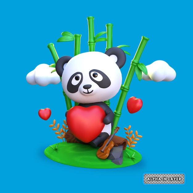 Representación 3D de Panda romántico con ilustración de amor