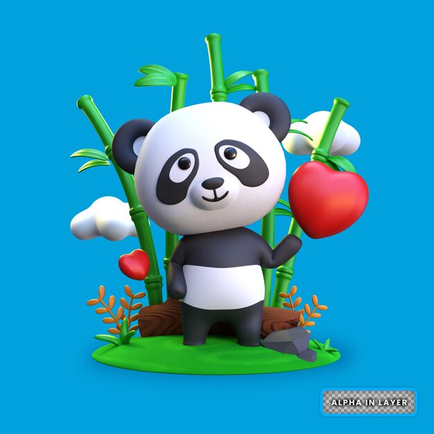 PSD representación 3d de panda romántico con ilustración de amor