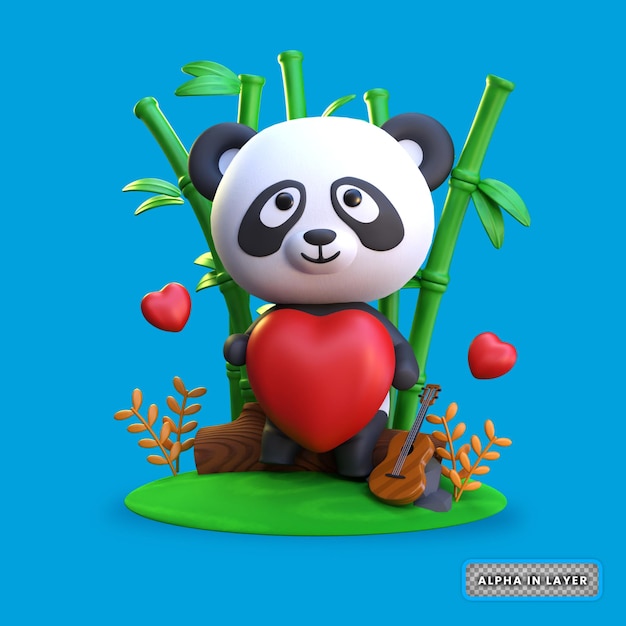 PSD representación 3d de panda romántico con ilustración de amor