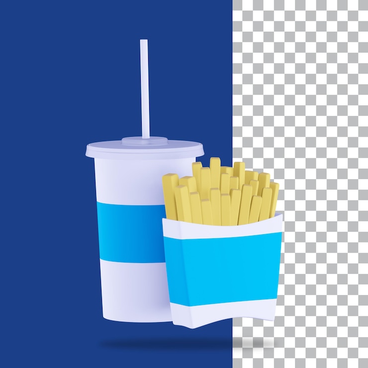 PSD representación 3d de papas fritas de comida rápida y taza de refresco
