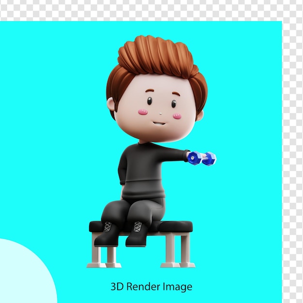 Representación 3d de un personaje de gimnasio de chico lindo sentado sosteniendo una barra