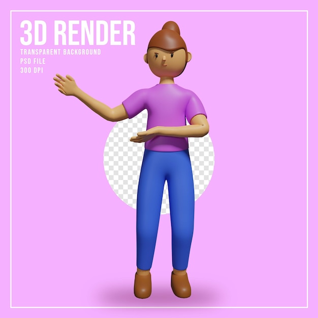 Representación 3d del personaje de una linda chica con gesto de mano para promoción