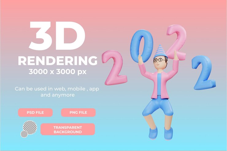 PSD representación 3d personaje masculino 2022 globos texto ilustración objeto con fondo transparente