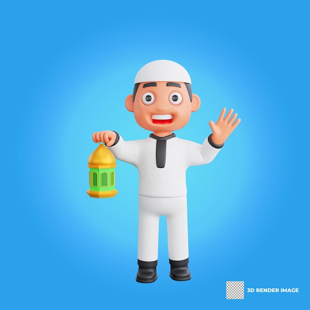 Representación 3D de un personaje musulmán sosteniendo una linterna