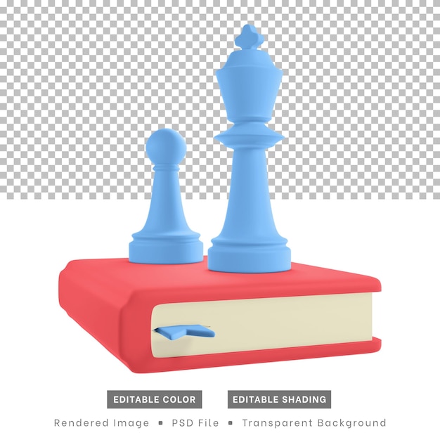 Representación 3D de piezas de ajedrez y libros.