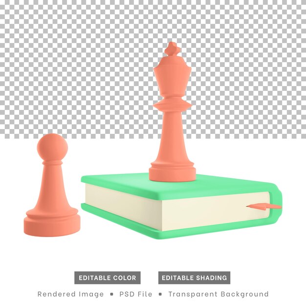 Representación 3D de piezas de ajedrez y libros.