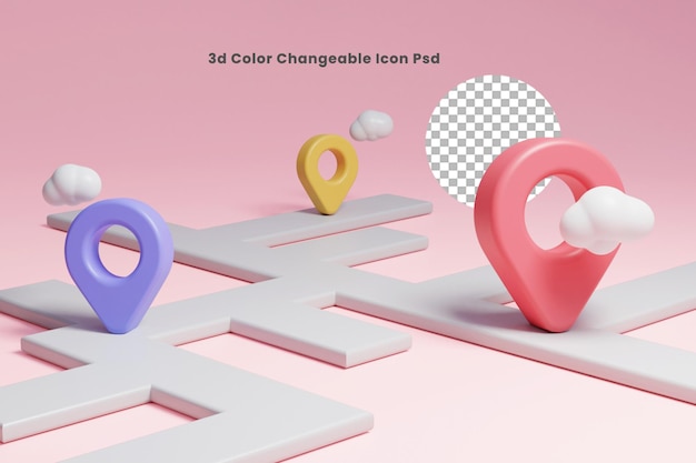 representación 3d del pin de ubicación con hoja de ruta o señal de ubicación 3d con hoja de ruta