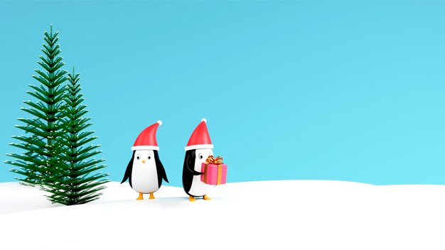 PSD representación 3d de pingüinos de dibujos animados con sombrero de santa con una caja de regalo de navidad o árboles de abeto sobre fondo degradado azul nevado y espacio de copia