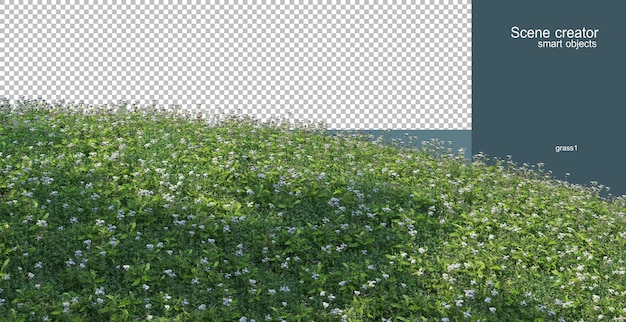 Representación 3D de pinos en la ladera cubierta de hierba
