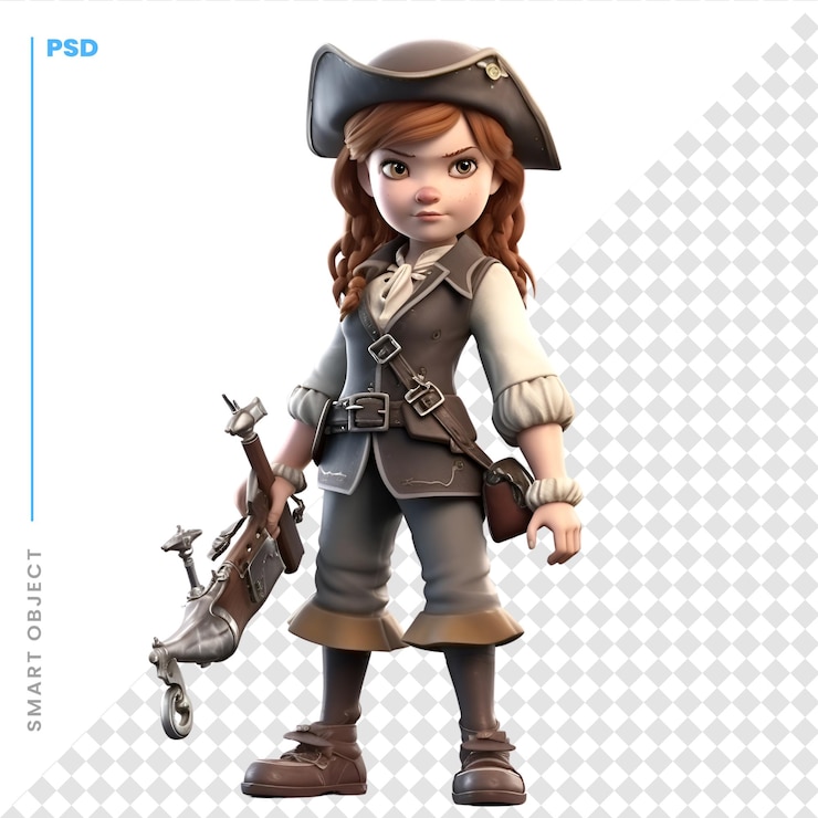 PSD representación 3d de un pirata chica de dibujos animados aislado sobre fondo blanco.