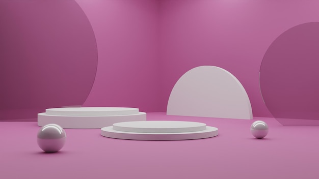 Representación 3D podio blanco minimalista sobre fondo rosa