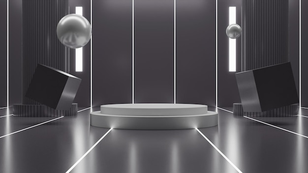 Representación 3d podio blanco moderno sobre fondo gris