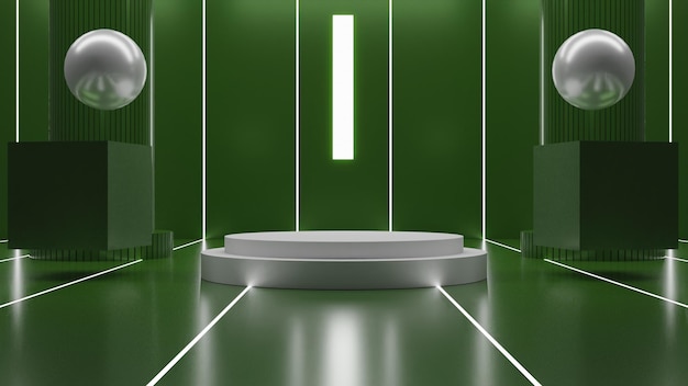 Representación 3D podio blanco moderno sobre fondo verde