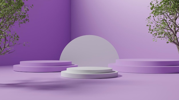 Representación 3D de podio blanco sobre fondo morado con estilo minimalista