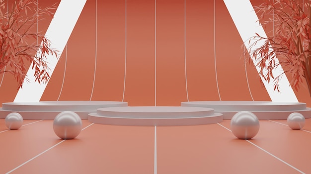 Representación 3D podio blanco sobre fondo rojo. renderizado premium