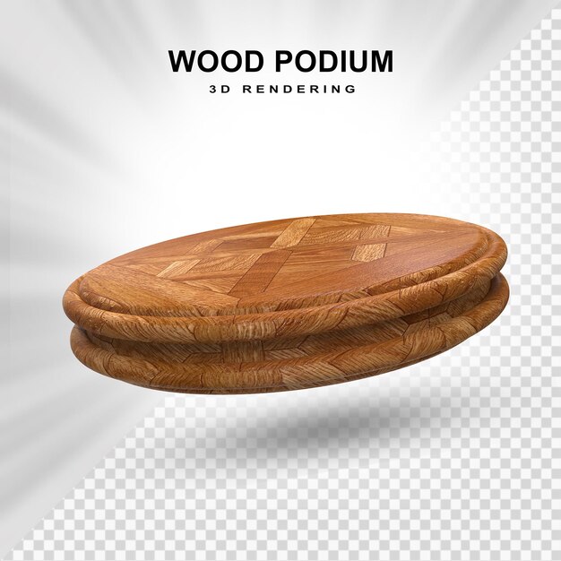 Representación 3D de un podio de madera minimalista para la presentación del producto.