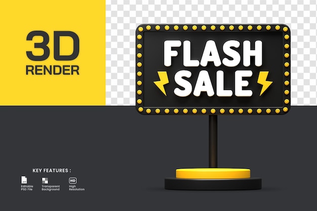 Representación 3d del podio de la promoción de venta flash. útil para el comercio electrónico o la ilustración de compras en línea