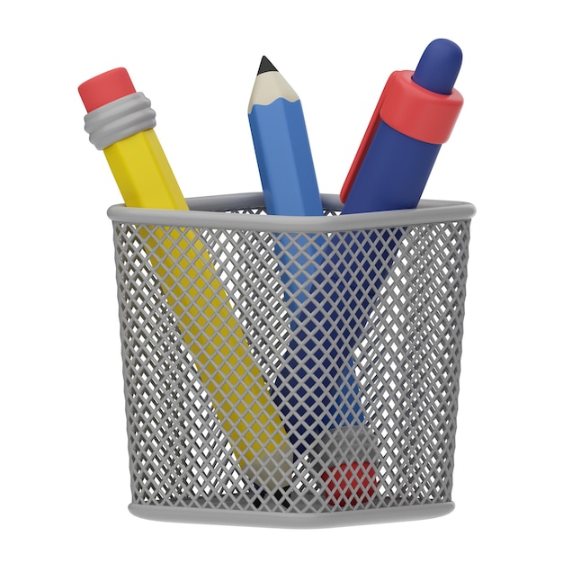 Representación 3D Portalápices de metal con lápices y bolígrafo Representación 3D de plástico para el diseño web de marketing de la escuela de negocios Ilustración aislada